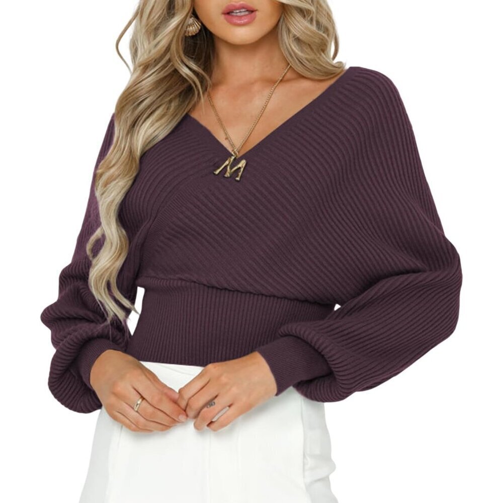 Womens V Neck Cropped Sweater Spandex Acrylic Ribbed Lantern Sleeve Top